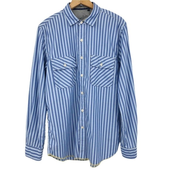 Arnold Zimberg Hollywood Men's Button Up Shirt Blue Striped Size M Flip Cuff - Picture 1 of 12